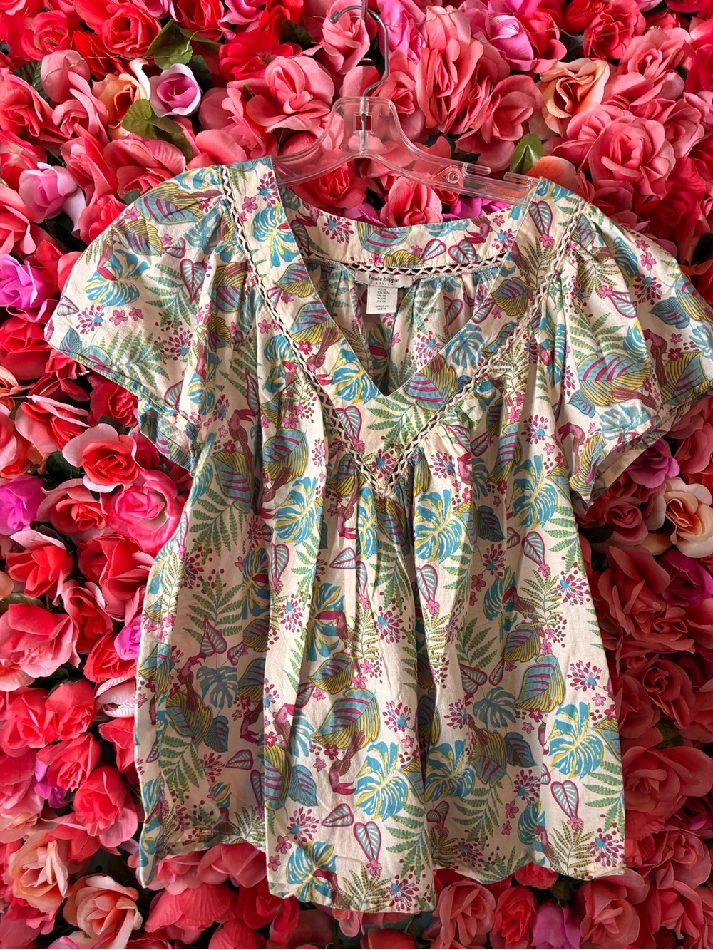 Haute Hippie Cream Floral Leaf Print Flutter Sleeve Blouse